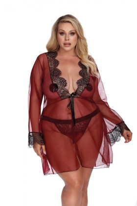 ♥ Dunkelroter Morgenrock mit Spitze Aa052931 von Anais Apparel Plus Size ♥ kaufen | Fesselliebe