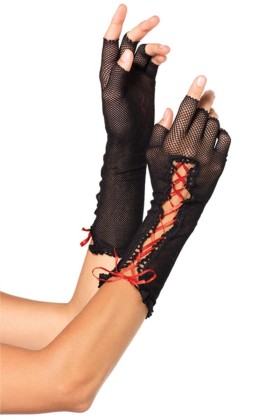 Schwarze Halblange Fingerlose Netzhandschuhe mit Schnürung von Leg Avenue kaufen | Fesselliebe