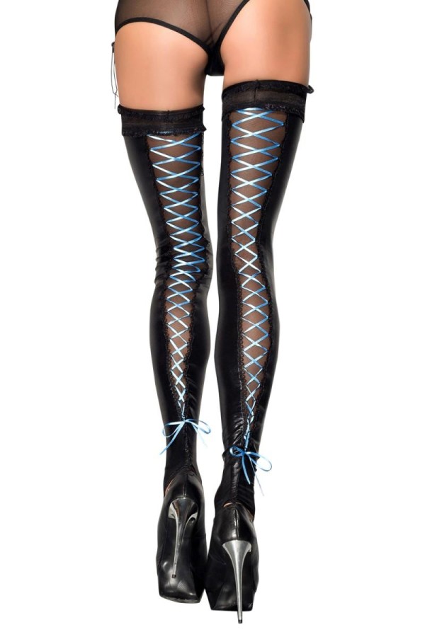 Schwarze Wetlook Strümpfe St05 mit Schnürung von Meseduce kaufen | Fesselliebe