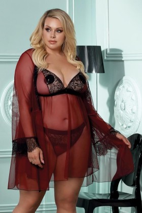 Dunkelroter Morgenrock mit Spitze Aa052931 von Anais Apparel Plus Size kaufen | Fesselliebe