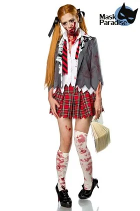 Zombiekostüm: Zombie Schoolgirl grau/rot/weiß von Mask Paradise