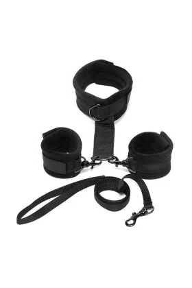 Handschellen an Halsband mit Leine, verstellbar, schwarz von Bondage Play