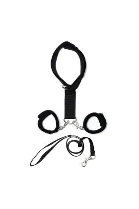 Handschellen an Halsband mit Leine, verstellbar, schwarz von Bondage Play