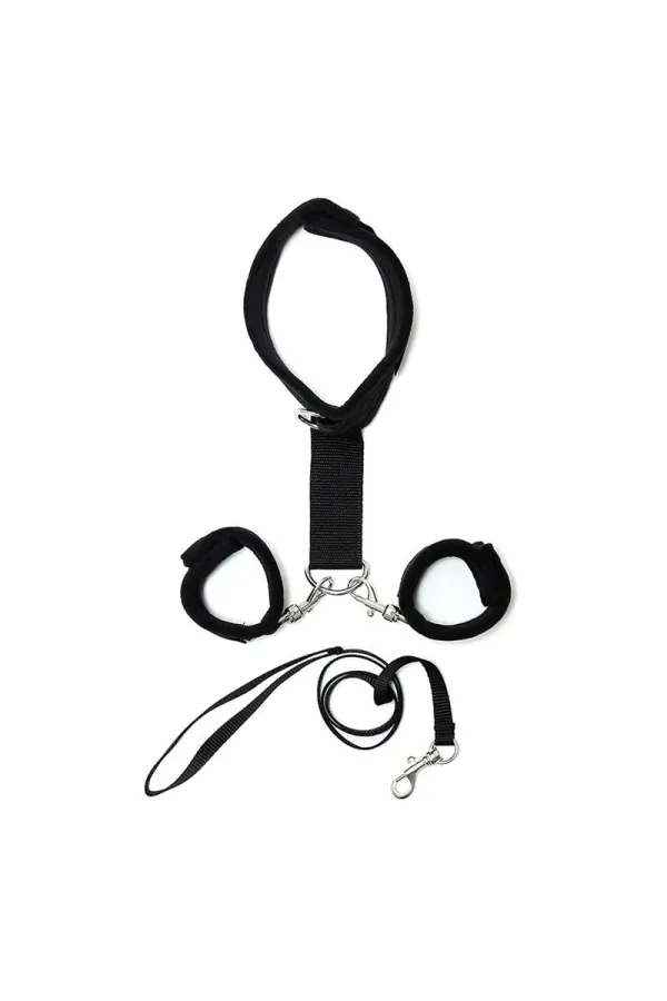 Handschellen An Halsband mit Leine Verstellbar Schwarz von Bondage Play kaufen - Fesselliebe