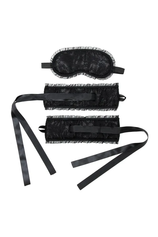 Bondage Satin Look Handschellen mit Maske Schwarz von Bondage Play kaufen - Fesselliebe