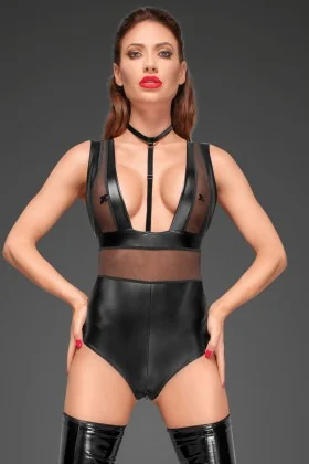 Powerwetlook Body mit Tülleinsätzen und Choker aus Zartem Samt F183 von Noir Handmade Decadence Collection