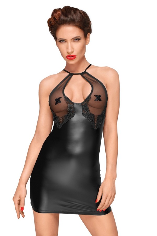 Powerwetlook Kleid mit Dekorativer Stickerei Unter der Brust F185 von Noir Handmade Decadence Collection kaufen | Fesselliebe