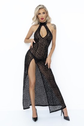 F288 Langes Flockkleid Im Leoparden-Look mit Schlitz von Noir Handmade kaufen | Fesselliebe