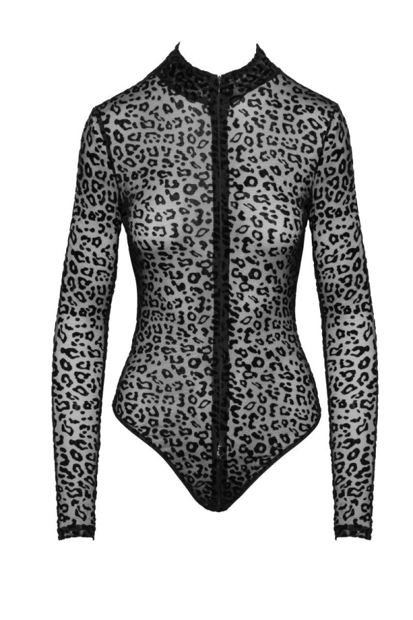 F287 Leopardenflock Bodysuit mit Langen Ärmeln von Noir Handmade kaufen | Fesselliebe