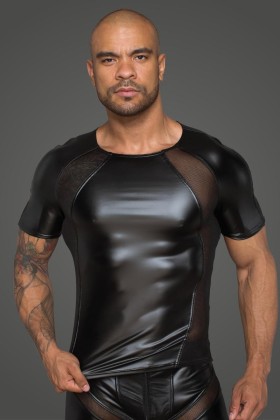 Herren T-Shirt aus Powerwetlook mit 3d Netzeinsätzen H056 von Noir Handmade Rebellious Collection kaufen | Fesselliebe