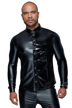 Langärmliges Powerwetlook & Pvc Shirt mit Knopfleiste H064 von Noir Handmade Missbehaved Collection kaufen | Fesselliebe