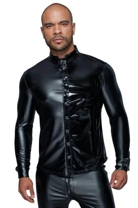 Langärmliges Powerwetlook & Pvc Shirt mit Knopfleiste H064 von Noir Handmade Missbehaved Collection