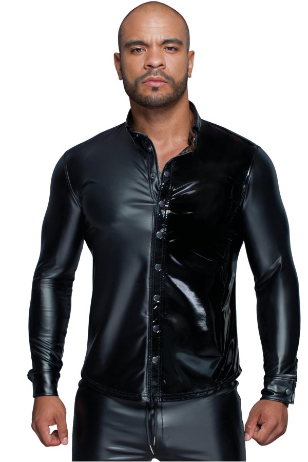 Langärmliges Powerwetlook & Pvc Shirt mit Knopfleiste H064 von Noir Handmade Missbehaved Collection kaufen | Fesselliebe
