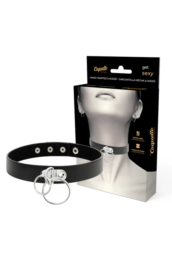 Handgefertigtes Halsband Vegan Kunstleder - Double Ring von Coquette Accessories kaufen - Fesselliebe