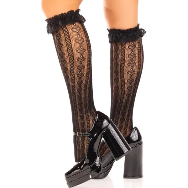 Kniestrümpfe mit Rüschen Schwarz von Leg Avenue Hosiery kaufen | Fesselliebe
