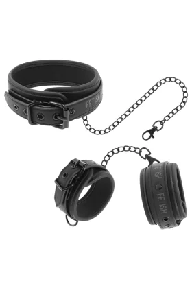 Halskette und Handschellen aus Veganem Leder mit Noprene-Futter von Fetish Submissive Bondage