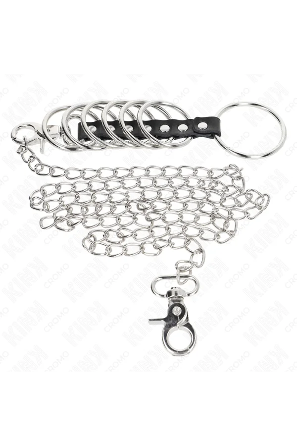 7 Penisringe aus Metall 3,8 cm bis 5 cm Verbunden mit Leder und Metallkette 100 cm von Kink Ring Power