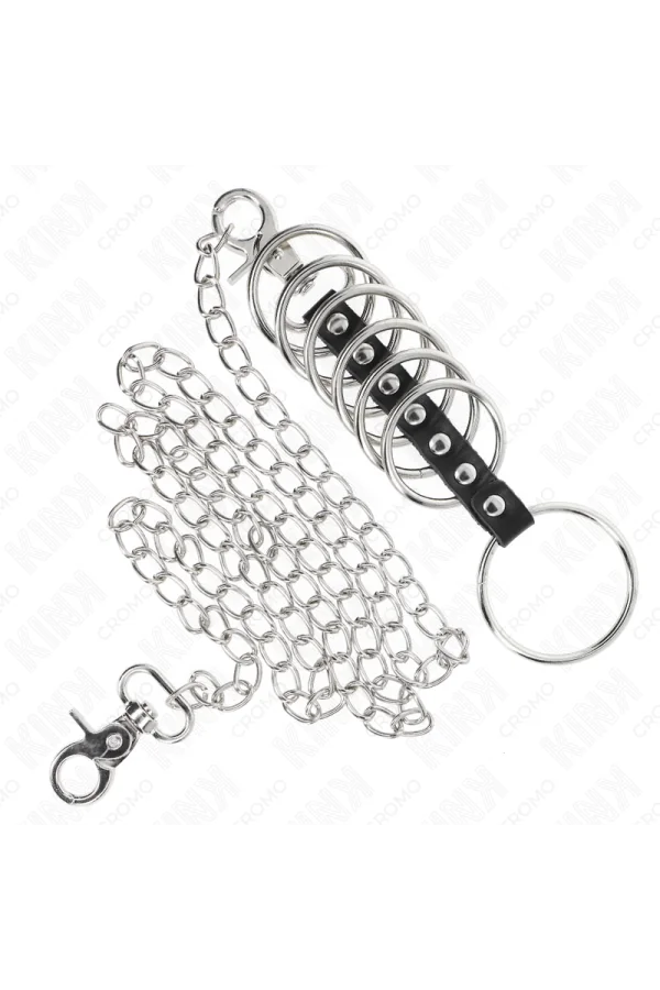 7 Penisringe aus Metall 3,8 cm bis 5 cm Verbunden mit Leder und Metallkette 100 cm von Kink Ring Power