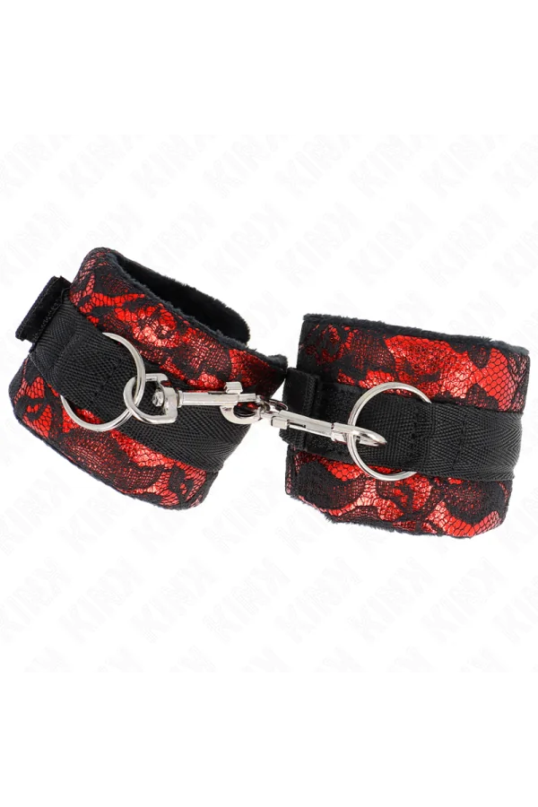 Kurze Handgelenksfesseln aus Samtspitze und Nylonfessel Rot/Schwarz 23 X 6,5 cm von Kink Wrist Restraint