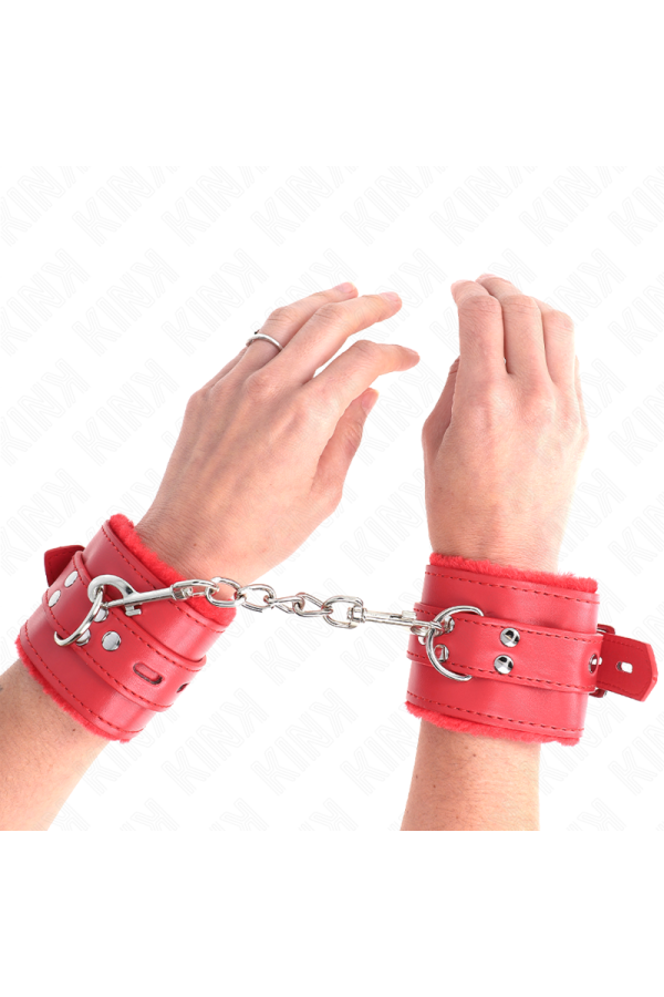 Handgelenkfesseln mit Quadratischen Löchern, Rot und Roter Gürtel, Verstellbar 17-29 cm X 6 cm von Kink Wrist Restraint kaufen | Fesselliebe