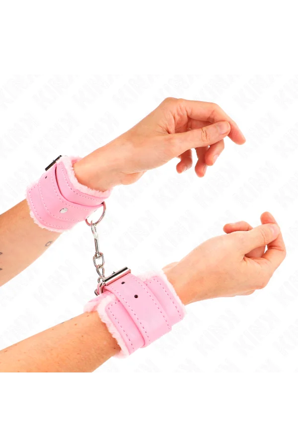 Pelzgefütterte Handgelenkfesseln Rosa mit Rosa Gürtel verstellbar 17-29 cm X 6 cm von Kink Wrist Restraint