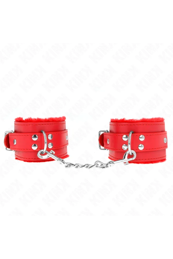 Pelzgefütterte Handgelenkfesseln Rot mit Rotem Gürtel verstellbar 17-29 cm X 6 cm von Kink Wrist Restraint