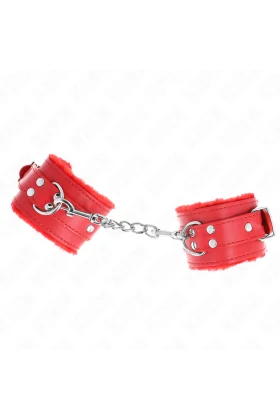 Pelzgefütterte Handgelenkfesseln Rot mit Rotem Gürtel verstellbar 17-29 cm X 6 cm von Kink Wrist Restraint