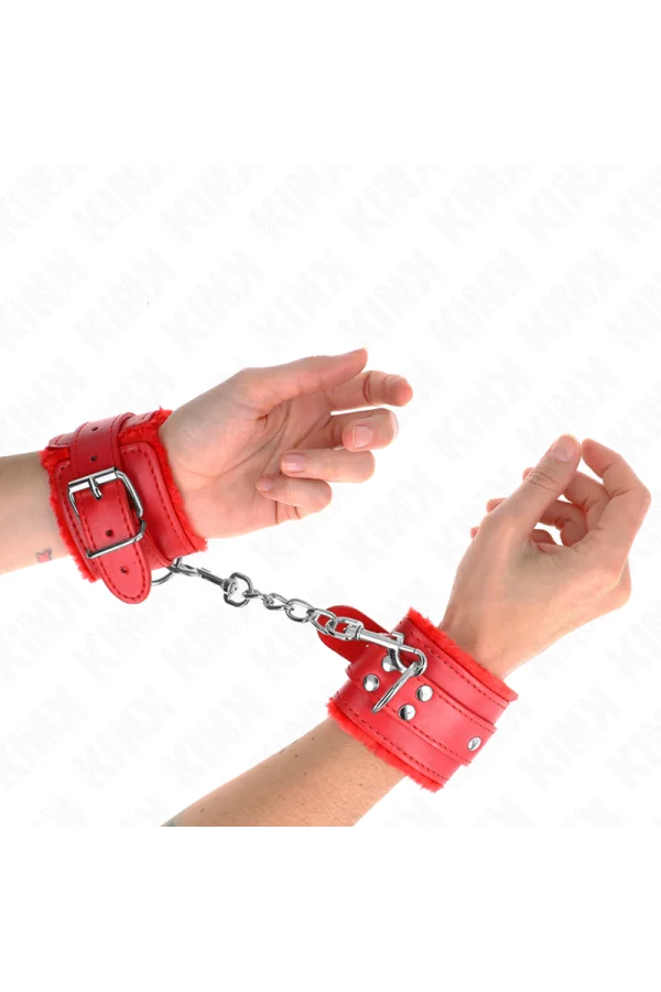 Pelzgefütterte Handgelenkfesseln Rot mit Rotem Gürtel verstellbar 17-29 cm X 6 cm von Kink Wrist Restraint