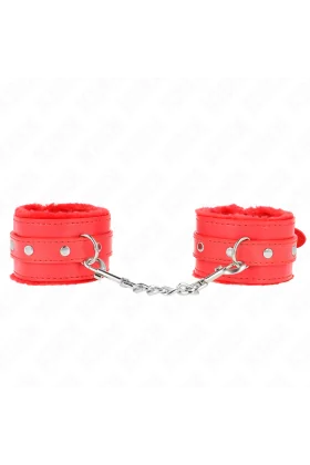 Premium Pelzgefütterte Handgelenkfesseln Rot mit Rotem Gürtel verstellbar 17-29 cm X 6 cm von Kink Wrist