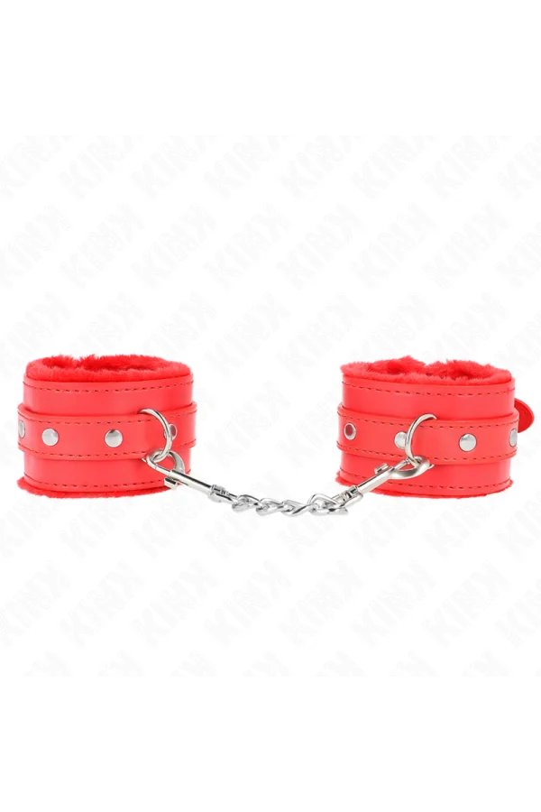 Premium Pelzgefütterte Handgelenkfesseln Rot mit Rotem Gürtel verstellbar 17-29 cm X 6 cm von Kink Wrist