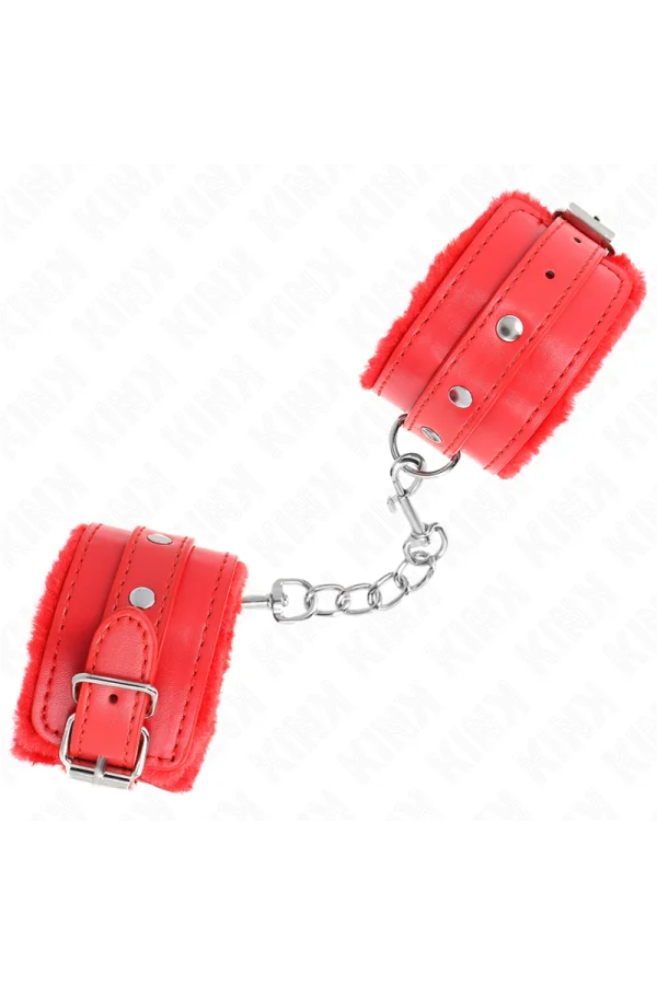 Premium Pelzgefütterte Handgelenkfesseln Rot mit Rotem Gürtel verstellbar 17-29 cm X 6 cm von Kink Wrist