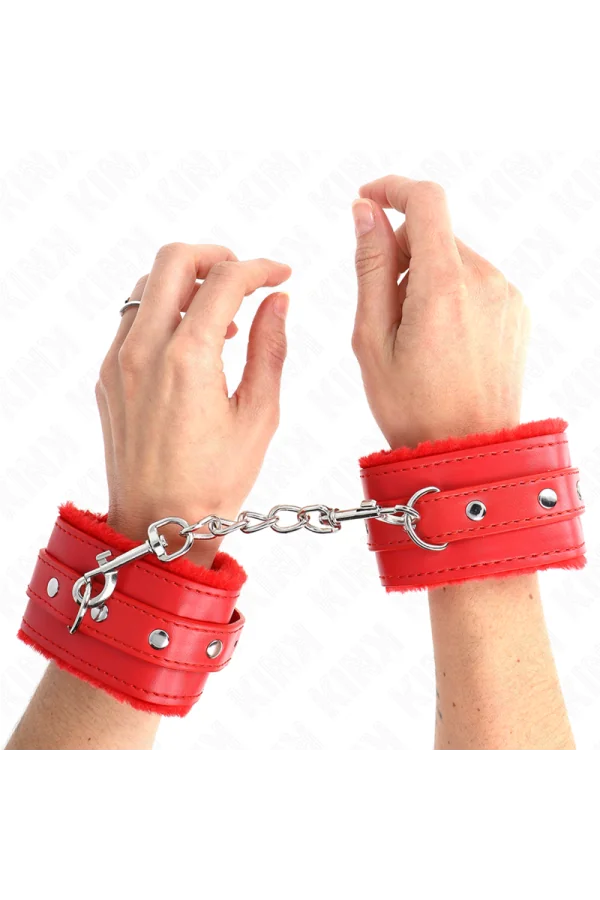 Premium Pelzgefütterte Handgelenkfesseln Rot mit Rotem Gürtel verstellbar 17-29 cm X 6 cm von Kink Wrist