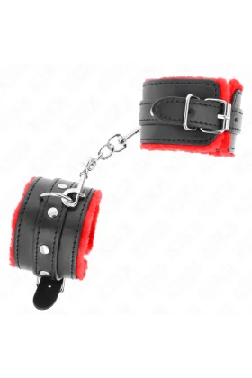 Premium Pelzgefütterte Handgelenkfesseln Rot mit Schwarzem Gürtel verstellbar 17-29 cm X 6 cm von Kink Wrist