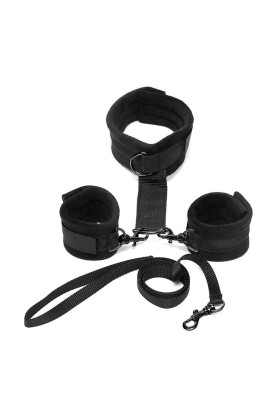 Handschellen zum Halsband mit verstellbarer Leine, Schwarz von Bondage Play kaufen | Fesselliebe
