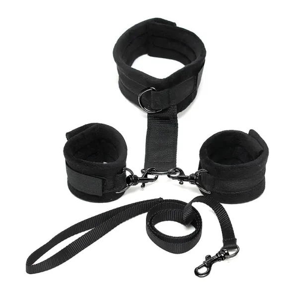 Handschellen zum Halsband mit verstellbarer Leine, Schwarz von Bondage Play kaufen | Fesselliebe