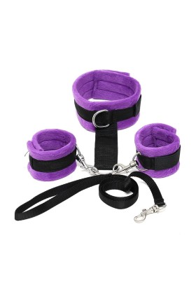 Handschellen zum Halsband mit verstellbarer und abnehmbarer Leine, Lila von Bondage Play kaufen | Fesselliebe