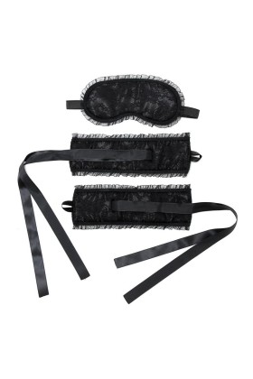 Handschellen in Satinoptik mit Maske Schwarz von Bondage Play kaufen | Fesselliebe