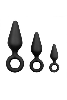 Schwarze Buttplugs mit Rückholring - Set
