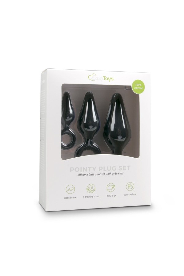 Schwarze Buttplugs mit Rückholring - Set