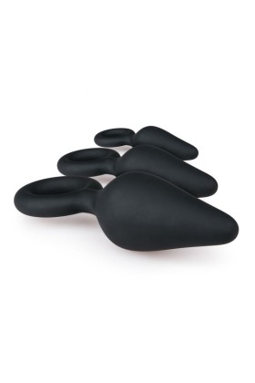 Schwarze Buttplugs mit Rückholring - Set