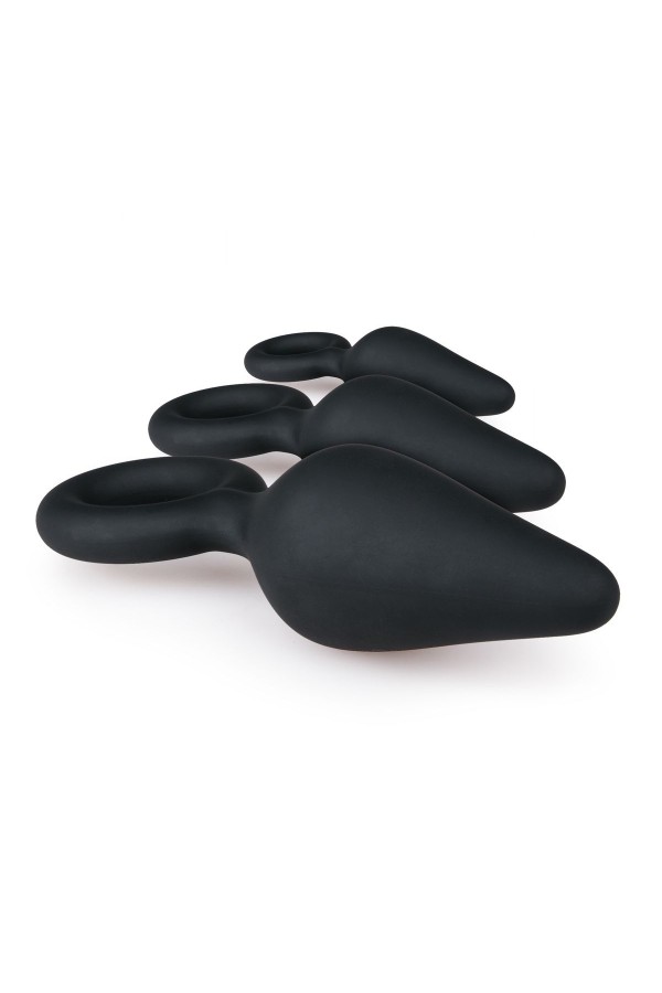 Schwarze Buttplugs mit Rückholring - Set