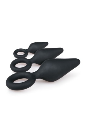 Schwarze Buttplugs mit Rückholring - Set