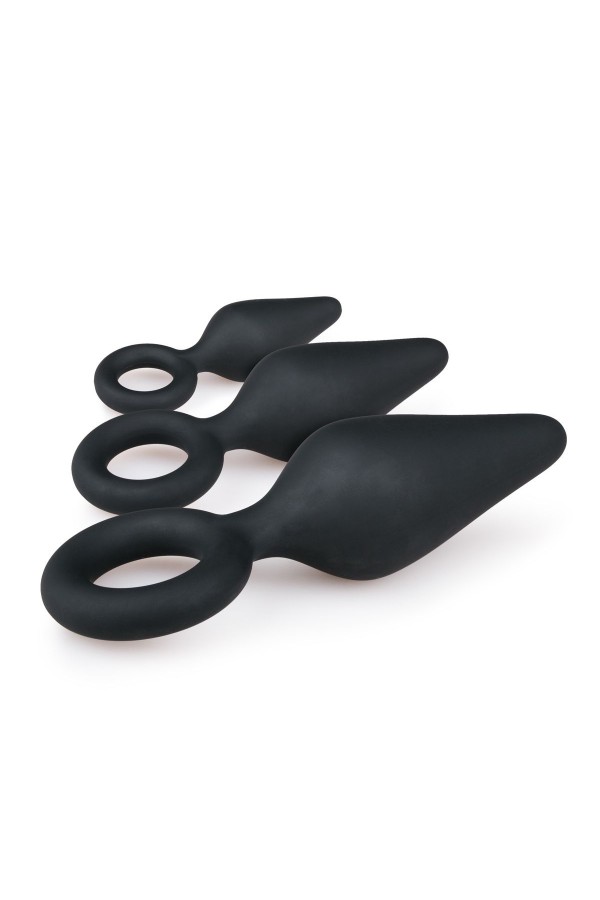 Schwarze Buttplugs mit Rückholring - Set