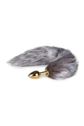 Kleine goudkleurige buttplug met bruin/witte vossenstaart