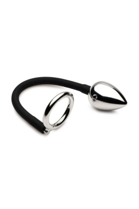 XR Brands - Tug plus Plug Penis- und Hodenring mit Analplug - Schwarz & Silber