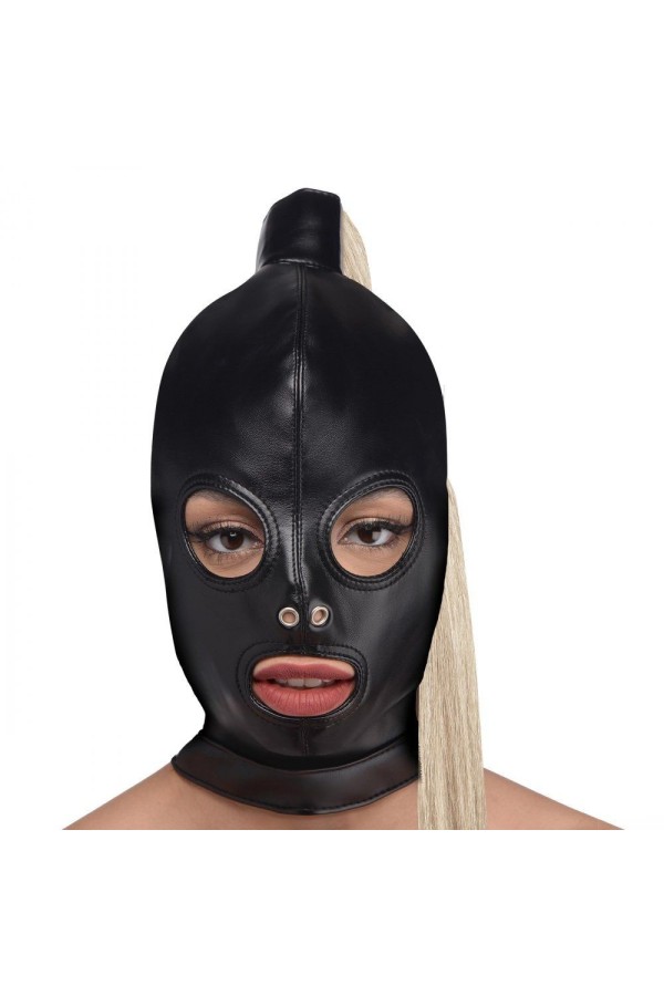 Blonde Pferdeschwanz Bondage Haube - Schwarz