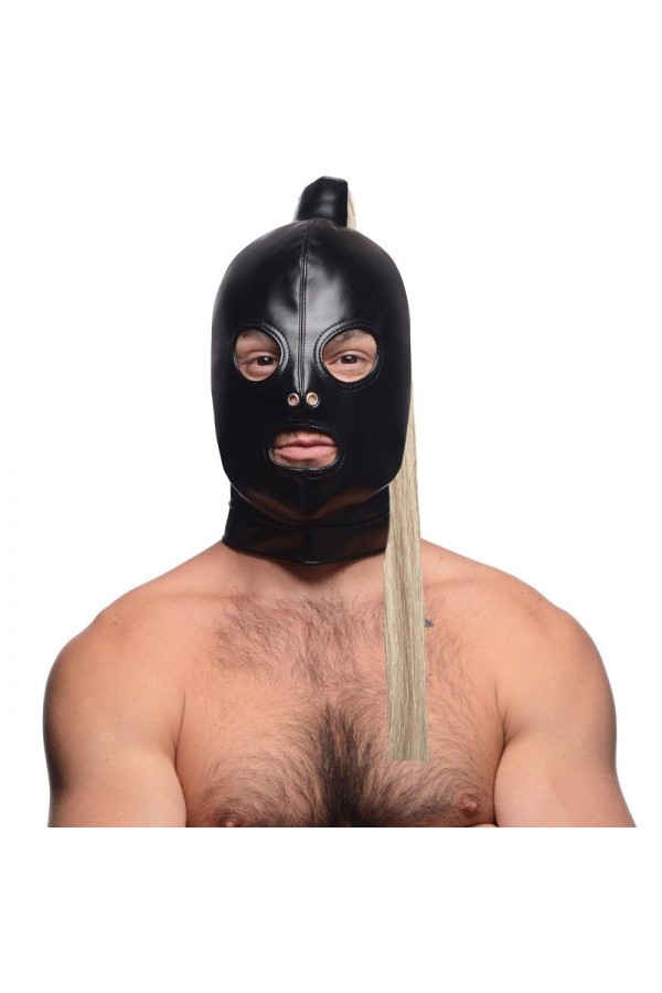 Blonde Pferdeschwanz Bondage Haube - Schwarz