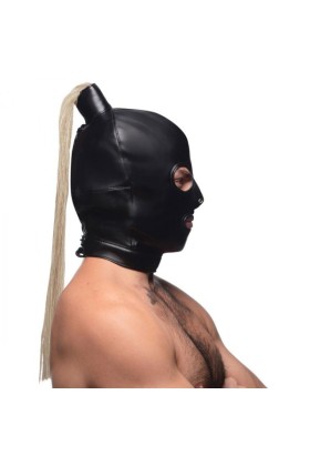 Blonde Pferdeschwanz Bondage Haube - Schwarz