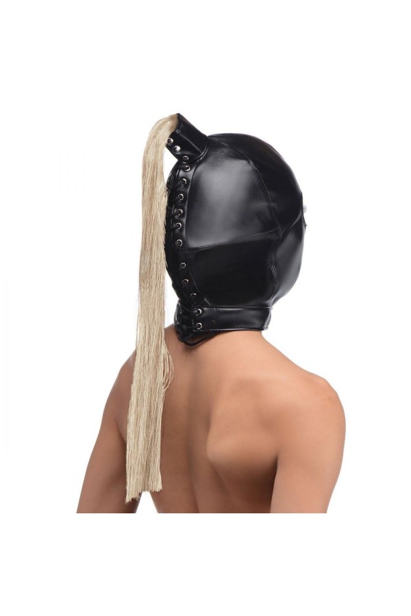 Blonde Pferdeschwanz Bondage Haube - Schwarz