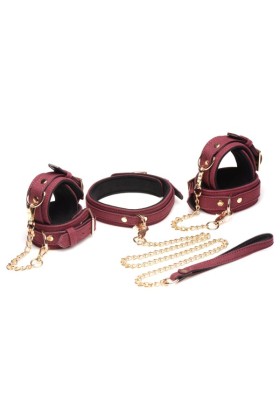 6-teiliges BDSM-Wildleder-Fessel-Set mit Halsband und Riemen - Burgandy